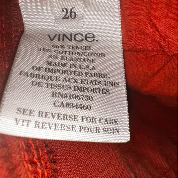 VINCE 5 Pocket Mid-Rise SKINNY Jeans w/Stretch Burnt Orange Women’s Size 26.